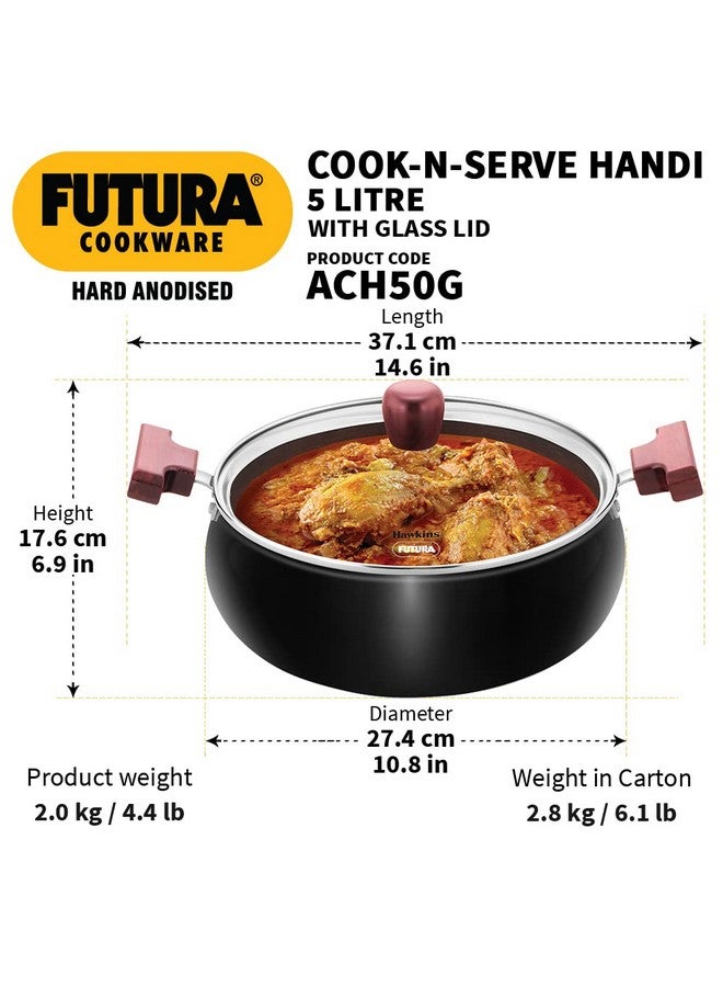 Hawkins Futura 5 Litre Cook n Serve Handi, Hard Anodised Biryani Handi with Glass Lid, Saucepan, Sauce Pan, Black (ACH50G) - Image 3