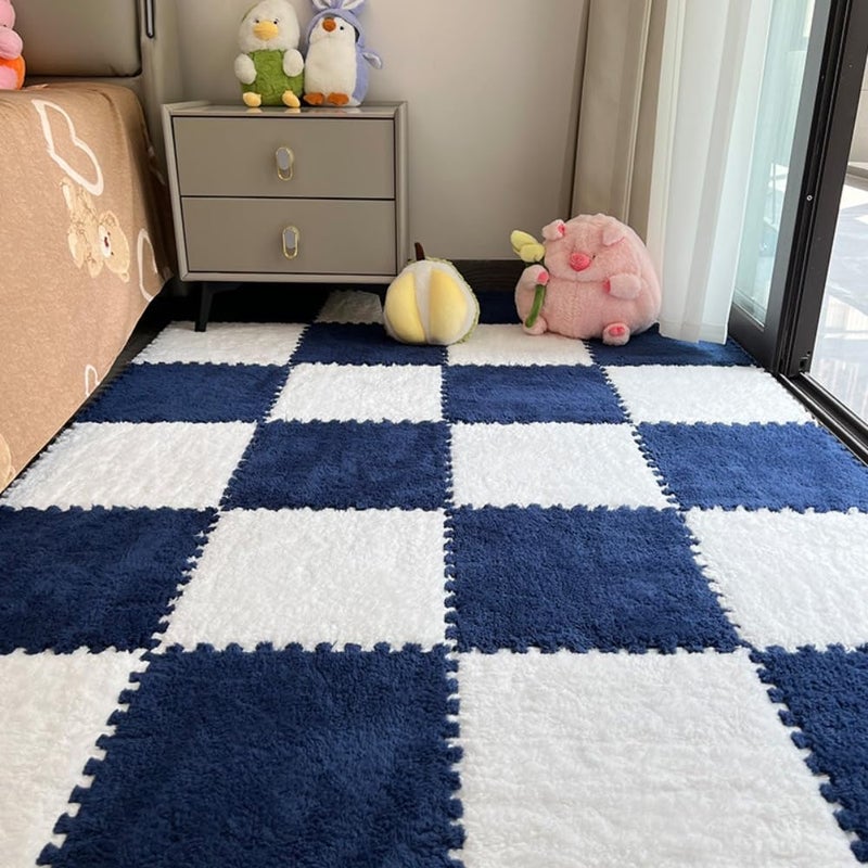 YISLEND 12Pcs Interlocking Carpet Tiles,12"x 12" Plush Interlocking Foam Carpet Tile with Border,Fluffy Play Mat Floor Tiles Thick Padded Squares Foam Tile for Playroom Decor (White+Navy) - Image 1