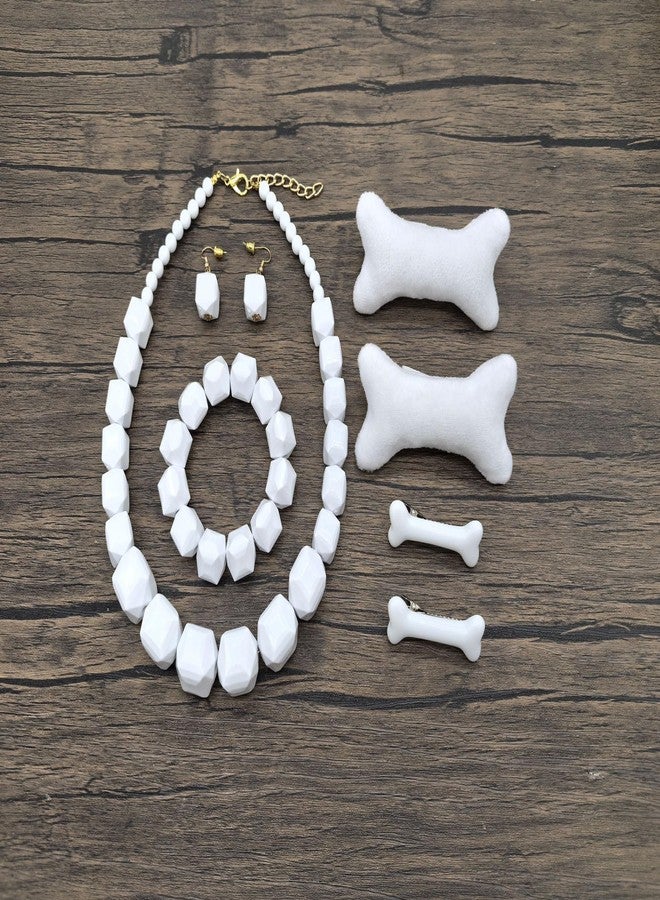 JHWZAIY White Beads Necklace, Costume Jewelry For Women Strand Necklaces, Acrylic African Beaded Necklace Chunky Statement, Halloween Necklaces (Necklace Earring + Bracelet + Hair Clips) - Image 5