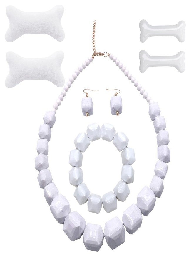 JHWZAIY White Beads Necklace, Costume Jewelry For Women Strand Necklaces, Acrylic African Beaded Necklace Chunky Statement, Halloween Necklaces (Necklace Earring + Bracelet + Hair Clips) - Image 1