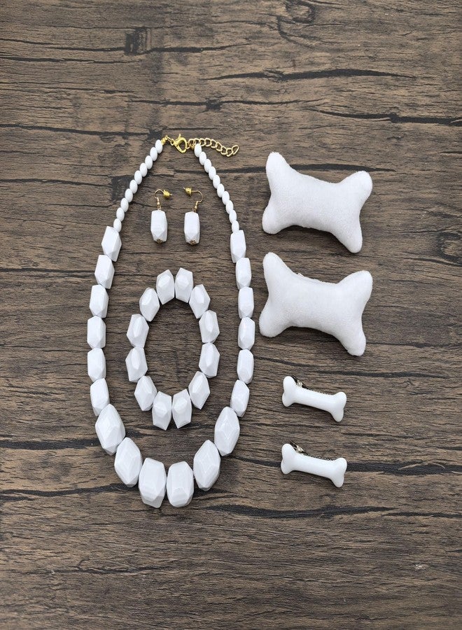 JHWZAIY White Beads Necklace, Costume Jewelry For Women Strand Necklaces, Acrylic African Beaded Necklace Chunky Statement, Halloween Necklaces (Necklace Earring + Bracelet + Hair Clips) - Image 4