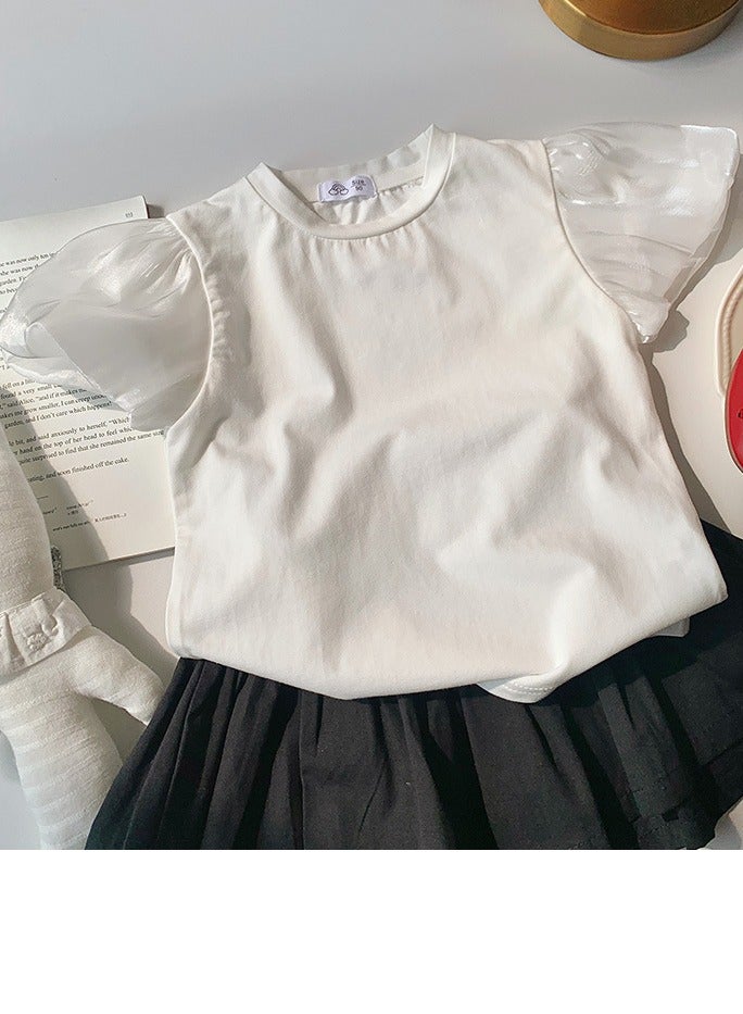 Loquat Girl's Lantern Short Sleeve Crew Neck T-Shirt Cotton Puff Sleeve Tees White  - Image 1