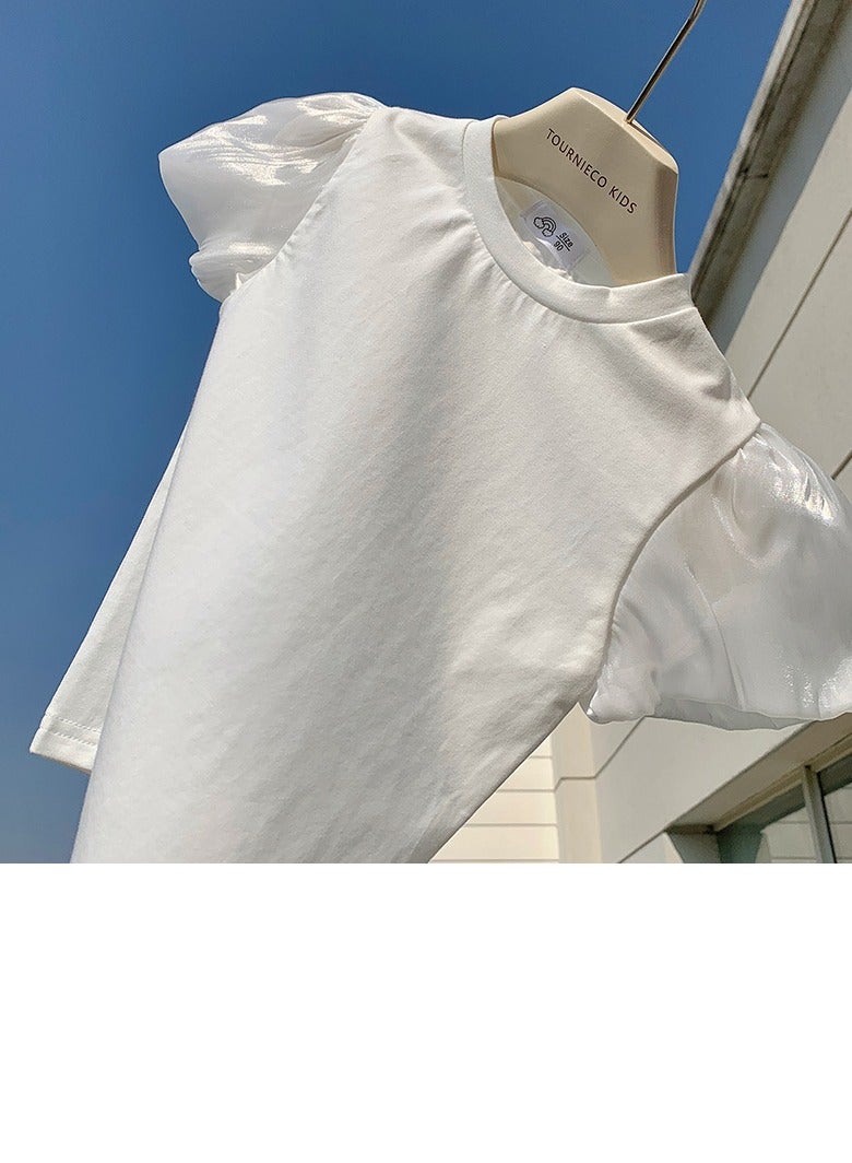 Loquat Girl's Lantern Short Sleeve Crew Neck T-Shirt Cotton Puff Sleeve Tees White  - Image 2
