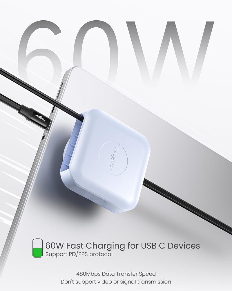 فاسجير كابل القابل للسحب من USB-C، بقوة 60 واط PD/PPS للشحن السريع، كابل شاحن قابل للسحب من USB-C إلى USB-C 2.0 لهاتف i-Phone 17 16 Plus/Mac-Book Pro/HP Spectre Series، كابل مكتبي من النوع C قابل للدوران 360° (أرجواني) - Image 3