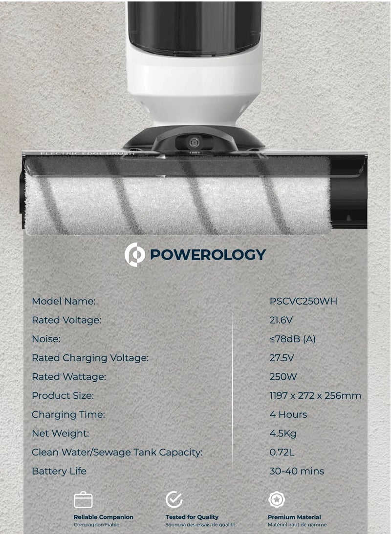 Powerology Vacuum 4000mAh Multi Surface Self-Cleaning Vacuum, 0.72L Clean Water/Sewage Tank Capacity, 8000Pa Max Suction, 250W BLDC Motor, Seamless Water Absorption, Self-Cleaning Mode - White  - Image 5