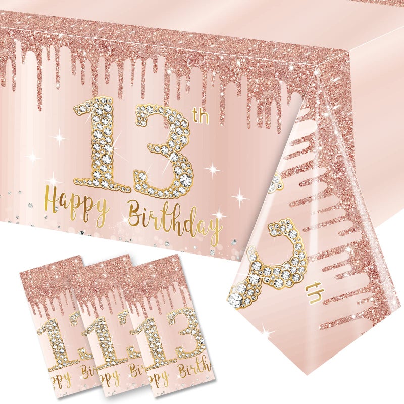 3 Pack 13th Birthday Tablecloth Decorations for Girls Pink Rose Gold Happy 13 Birthday Theme Table Cover Party Supplies Thirteenth Year Old Plastic Disposable Rectangular Table Cloth Decor
