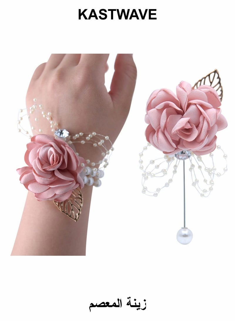KASTWAVE Rose Corsage Bracelet Set, 2 Pcs Floral Wedding Wrist Corsage with Rhinestone and Pearl - Image 1