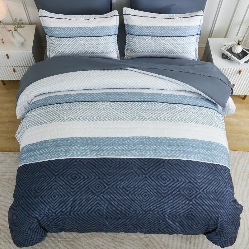 Drucon Comforter Set King Size 7 Piece Bed in a Bag Boho Blue Striped Bedding Set Soft Microfiber Comforter and Sheet Set for All Season (King, 104"x90") - Image 3