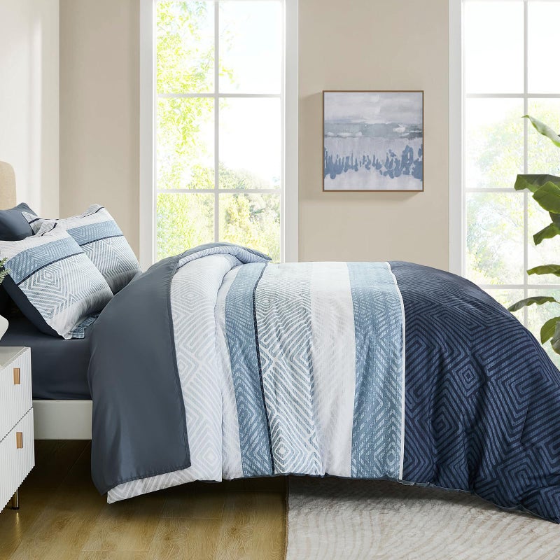 Drucon Comforter Set King Size 7 Piece Bed in a Bag Boho Blue Striped Bedding Set Soft Microfiber Comforter and Sheet Set for All Season (King, 104"x90") - Image 4