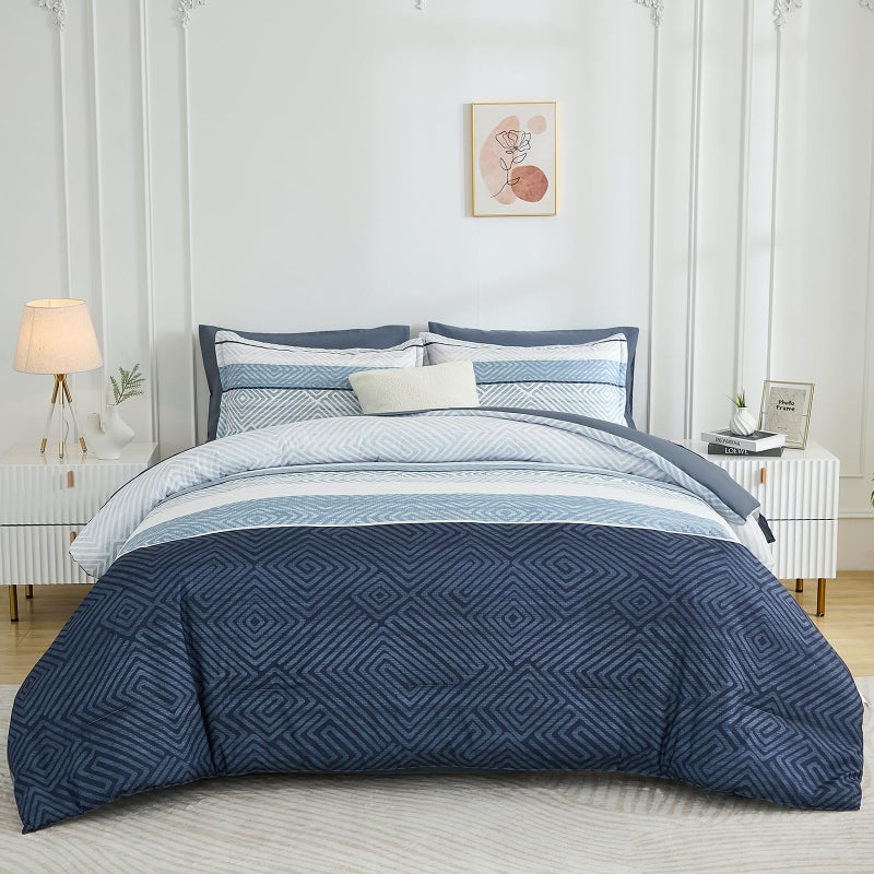Drucon Comforter Set King Size 7 Piece Bed in a Bag Boho Blue Striped Bedding Set Soft Microfiber Comforter and Sheet Set for All Season (King, 104"x90") - Image 2