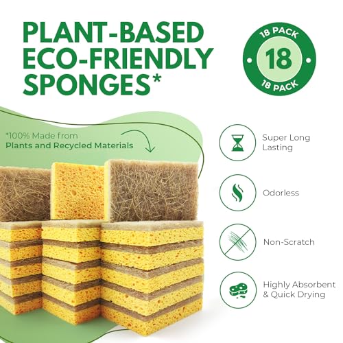AIRNEX Natural Kitchen Sponges Pack of 18 - Biodegradable Cellulose and Coconut Husk Walnut Scrubbers - Odor Free Non Scratch - Eco Friendly Quick Drying Dishwashing Sponges - Image 2