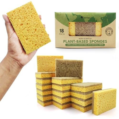 AIRNEX Natural Kitchen Sponges Pack of 18 - Biodegradable Cellulose and Coconut Husk Walnut Scrubbers - Odor Free Non Scratch - Eco Friendly Quick Drying Dishwashing Sponges - Image 1