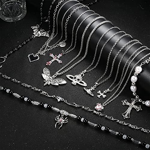 Sanfenly Vintage Gothic Necklace Set for Women Punk Grunge Cross Heart Bat Spider Angel Wing Saturn Skull Pendant Layered Choker Statement Necklaces - Image 2