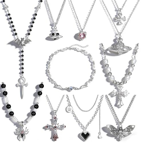 Sanfenly Vintage Gothic Necklace Set for Women Punk Grunge Cross Heart Bat Spider Angel Wing Saturn Skull Pendant Layered Choker Statement Necklaces - Image 1