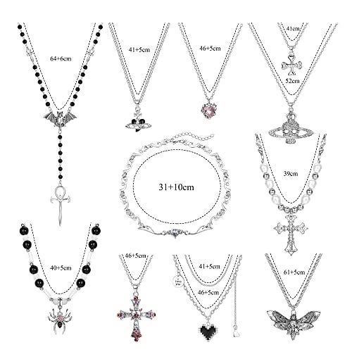 Sanfenly Vintage Gothic Necklace Set for Women Punk Grunge Cross Heart Bat Spider Angel Wing Saturn Skull Pendant Layered Choker Statement Necklaces - Image 5
