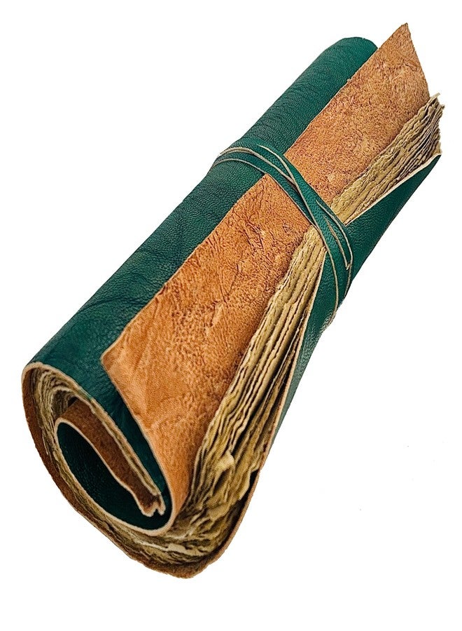 Modest Goods Handmade Leather Scroll Journal - 100 Pages Vintage Style Unlined Deckle Edge Rustic Paper - 9x6 Book of Shadows, Grimoire, Fantasy Gifts, Sketchbook, Antique Scrapbook (Green w/Vintage Paper) - Image 1