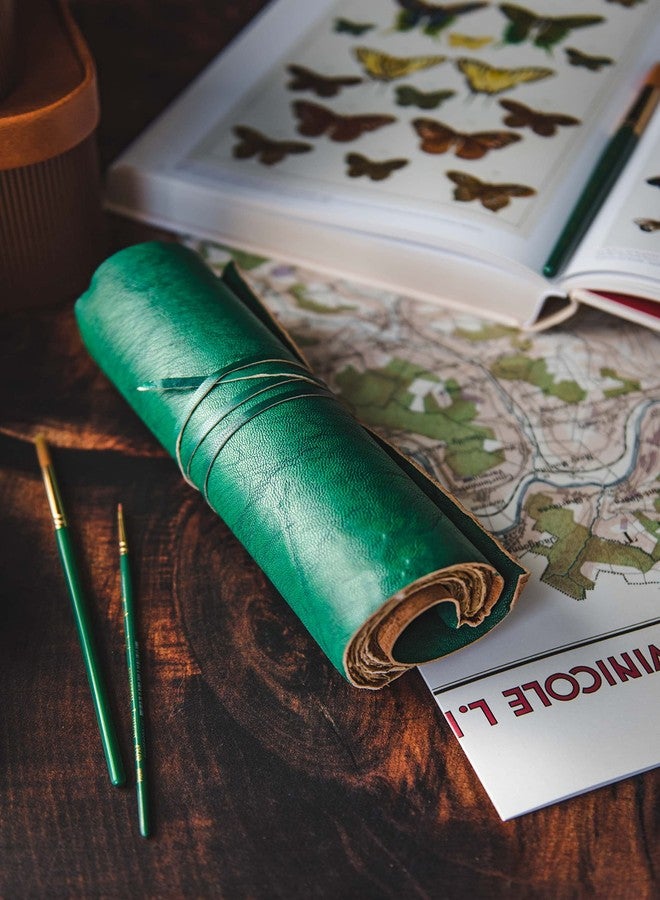 Modest Goods Handmade Leather Scroll Journal - 100 Pages Vintage Style Unlined Deckle Edge Rustic Paper - 9x6 Book of Shadows, Grimoire, Fantasy Gifts, Sketchbook, Antique Scrapbook (Green w/Vintage Paper) - Image 2