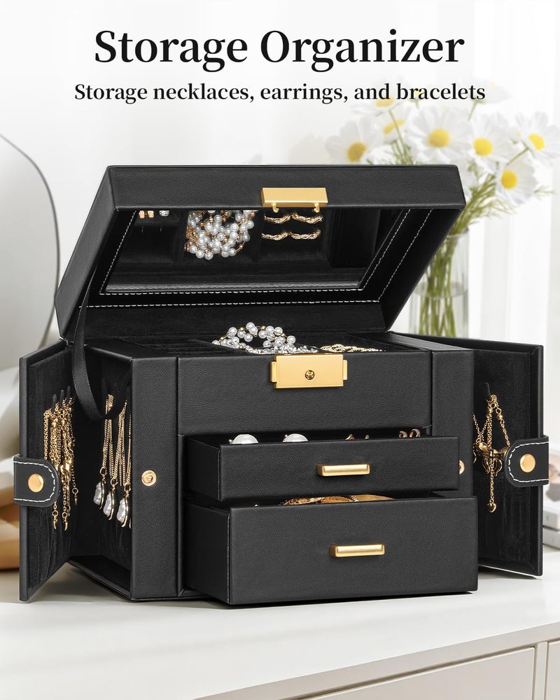TORIBIO Jewelry Box for Women, Leather Jewelry Organizer with Mirror & Lock, 3-Tier Jewelry Storage Organizer with 2 Drawers for Girls/Women/Mothers, Necklace Earring Bracelets Holder Organizer - Image 3