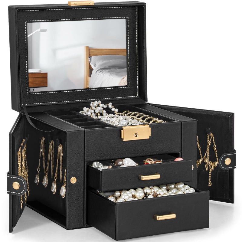 TORIBIO Jewelry Box for Women, Leather Jewelry Organizer with Mirror & Lock, 3-Tier Jewelry Storage Organizer with 2 Drawers for Girls/Women/Mothers, Necklace Earring Bracelets Holder Organizer - Image 1