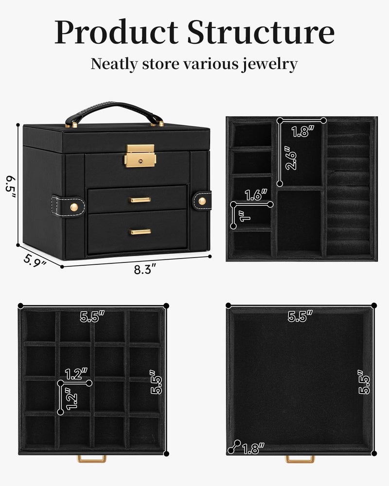 TORIBIO Jewelry Box for Women, Leather Jewelry Organizer with Mirror & Lock, 3-Tier Jewelry Storage Organizer with 2 Drawers for Girls/Women/Mothers, Necklace Earring Bracelets Holder Organizer - Image 2