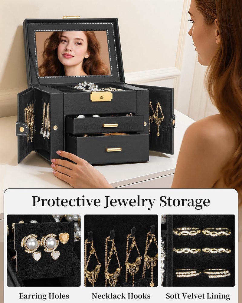 TORIBIO Jewelry Box for Women, Leather Jewelry Organizer with Mirror & Lock, 3-Tier Jewelry Storage Organizer with 2 Drawers for Girls/Women/Mothers, Necklace Earring Bracelets Holder Organizer - Image 5