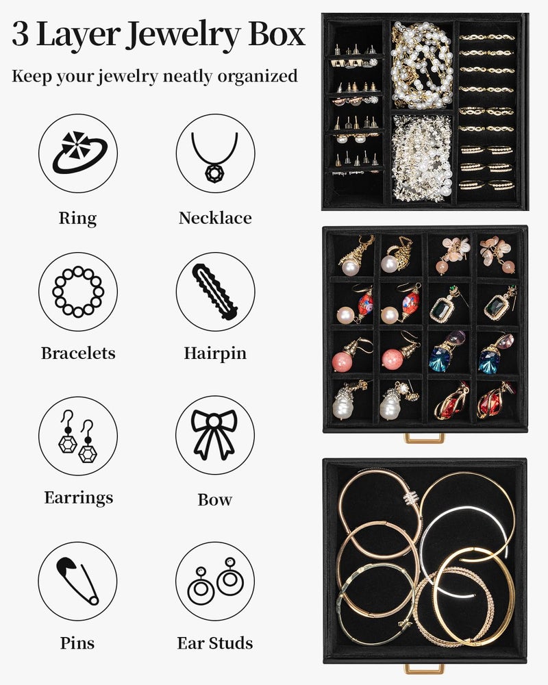 TORIBIO Jewelry Box for Women, Leather Jewelry Organizer with Mirror & Lock, 3-Tier Jewelry Storage Organizer with 2 Drawers for Girls/Women/Mothers, Necklace Earring Bracelets Holder Organizer - Image 4