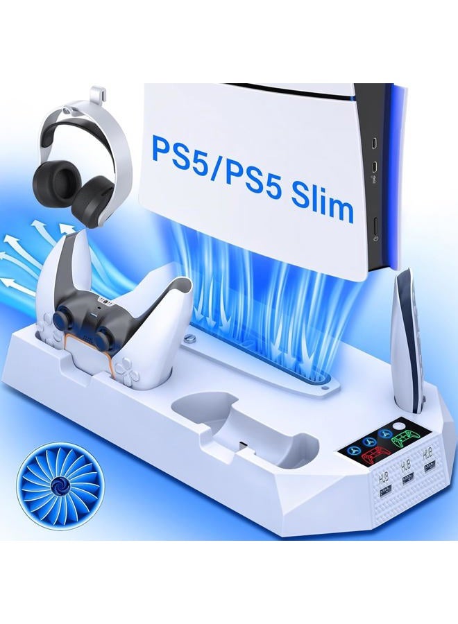 PS5 Slim Stand and Cooling Station for PS5 Console&Playstation 5 Slim Cooling Stand for PS5 Disc/Digital Edition Dual PS5 Controller Charger Base PS5 Accessory Turbo Fan/3 Usb Hub/Headset Holder
