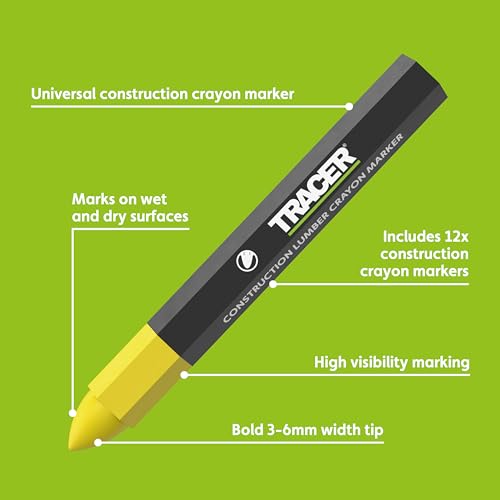 TRACER Construction Lumber Crayon Markers, Pack of 12- Yellow. 12 x Yellow Multi Surface Marking Crayons - Image 2