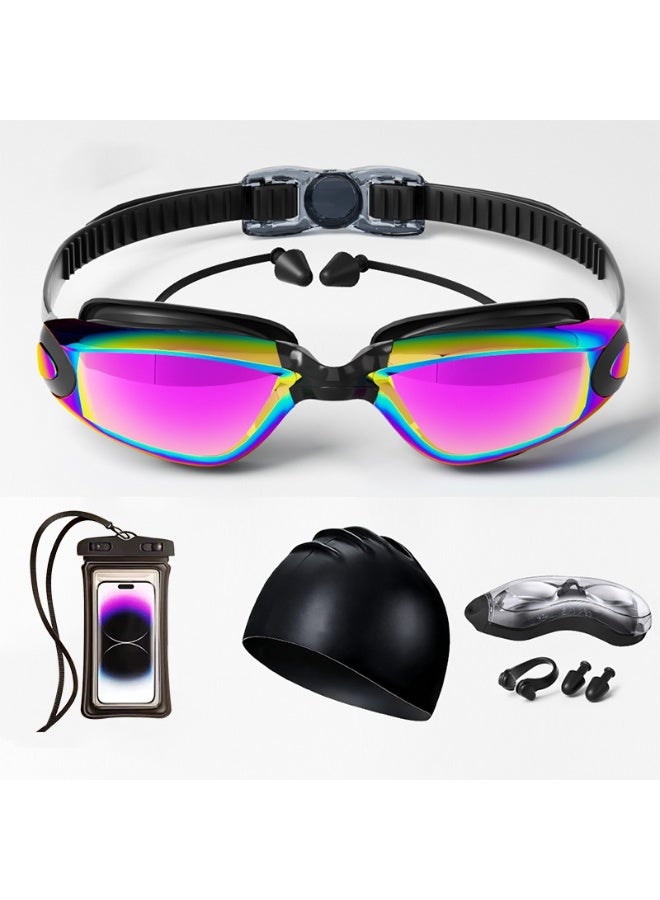 طقم نظارات سباحة 6 في 1 مضادة للضباب مع قبعة سباحة، سدادات أذن، 3× مشابك أنف، نظارات مانعة للتسرب، حافظة هاتف مقاومة للماء، علبة تخزين، للرجال والنساء (بنفسجي داكن) - Image 1