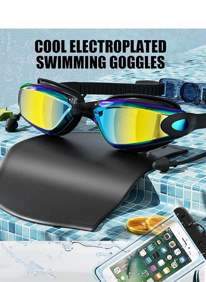 طقم نظارات سباحة 6 في 1 مضادة للضباب مع قبعة سباحة، سدادات أذن، 3× مشابك أنف، نظارات مانعة للتسرب، حافظة هاتف مقاومة للماء، علبة تخزين، للرجال والنساء (بنفسجي داكن) - Image 4