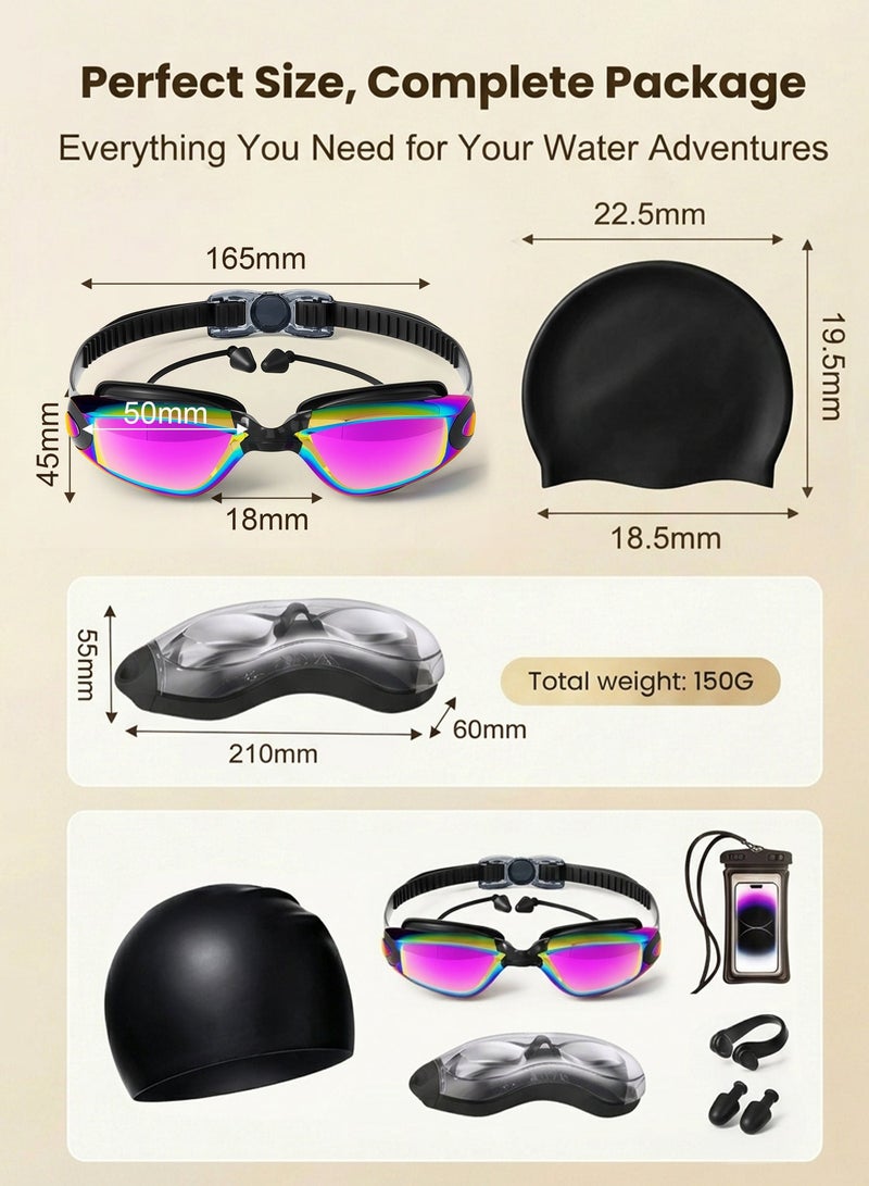 6-in-1 Waterproof Swimming Goggles Set with Swim Cap, Earplugs, 3 Nose Clips, Leak-Proof Goggles, Waterproof Phone Case, and Storage Box, Suitable for Swimming, Boating, Surfing, and Kayaking, Portable, Dark Purple - Image 5