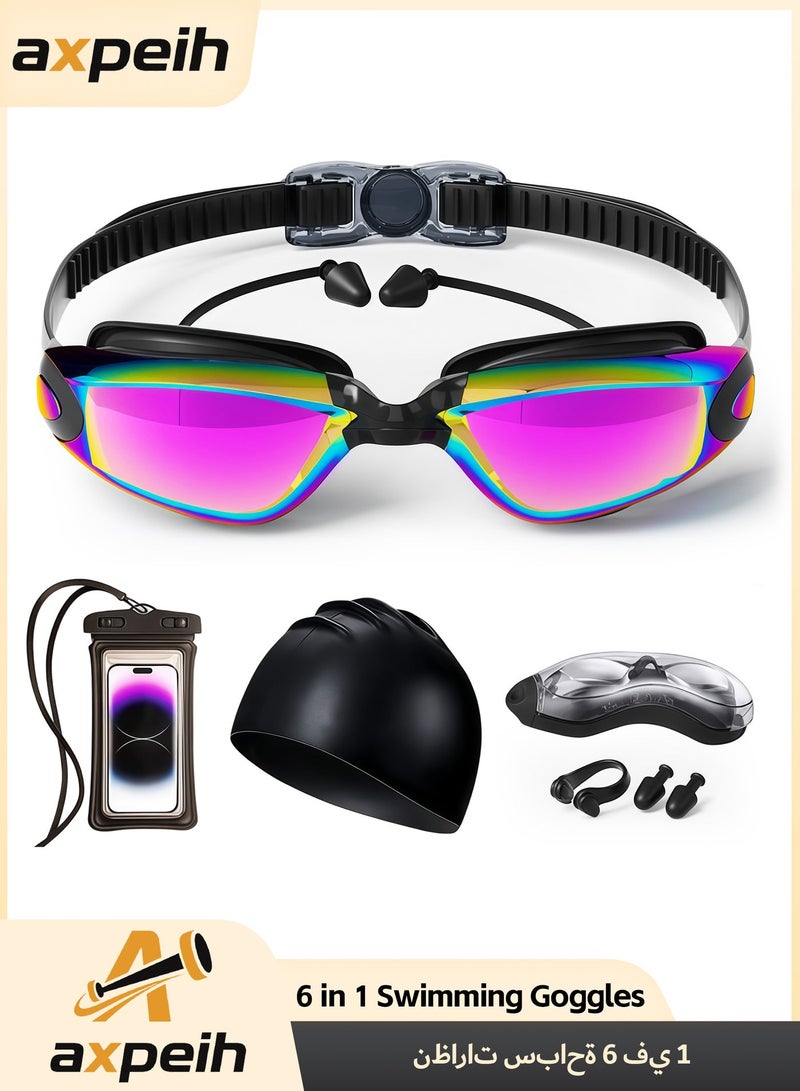 6-in-1 Waterproof Swimming Goggles Set with Swim Cap, Earplugs, 3 Nose Clips, Leak-Proof Goggles, Waterproof Phone Case, and Storage Box, Suitable for Swimming, Boating, Surfing, and Kayaking, Portable, Dark Purple - Image 1