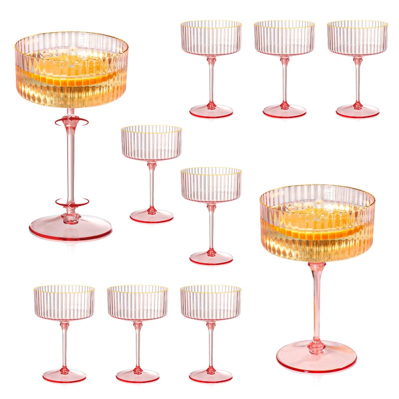 XUWAIDSGN 12 Pcs Champagne Martini Glasses 9 Oz with Gilded Removable Gold Rim Coupe Glasses Pink Martini Glasses Plastic Mimosa Vintage Coupe Glasses Set For Wedding Anniversary (12, Ribbed Pink) - Image 1
