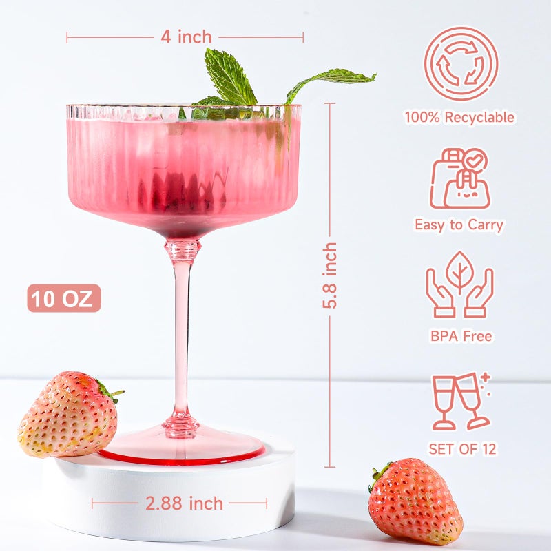 XUWAIDSGN 12 Pcs Champagne Martini Glasses 9 Oz with Gilded Removable Gold Rim Coupe Glasses Pink Martini Glasses Plastic Mimosa Vintage Coupe Glasses Set For Wedding Anniversary (12, Ribbed Pink) - Image 2