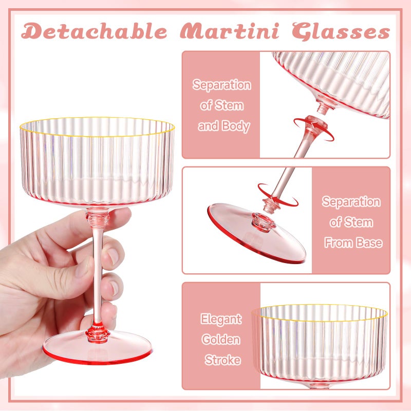 XUWAIDSGN 12 Pcs Champagne Martini Glasses 9 Oz with Gilded Removable Gold Rim Coupe Glasses Pink Martini Glasses Plastic Mimosa Vintage Coupe Glasses Set For Wedding Anniversary (12, Ribbed Pink) - Image 3