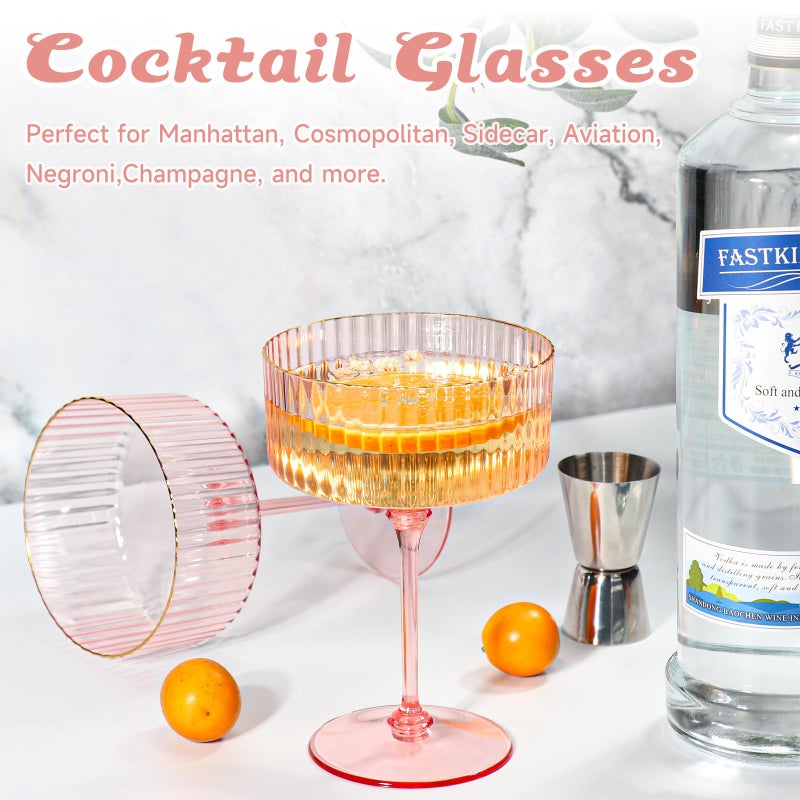 XUWAIDSGN 12 Pcs Champagne Martini Glasses 9 Oz with Gilded Removable Gold Rim Coupe Glasses Pink Martini Glasses Plastic Mimosa Vintage Coupe Glasses Set For Wedding Anniversary (12, Ribbed Pink) - Image 5