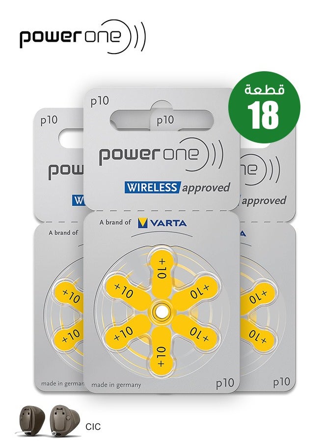 Power One - P10 Pack Of 18 Pieces Original Hearing Aid BatteryLong-lasting and stable 1.45V battery lasts 3-10 daysMercury-free and environmentally friendly Suitable for use in deep canal hearing aids - Image 1
