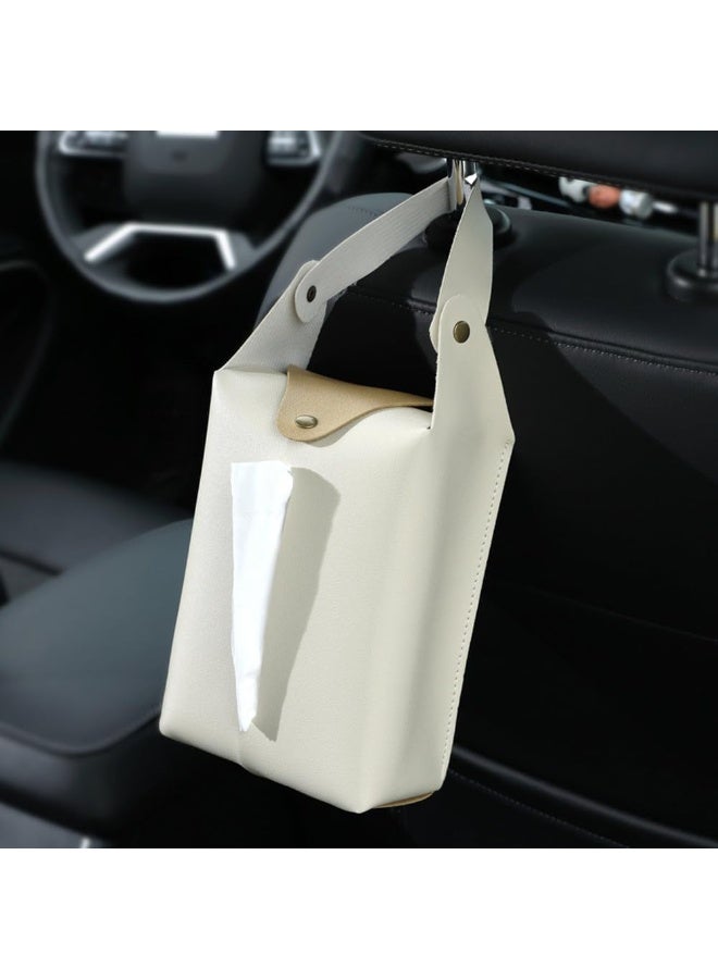 Car Tissue Holder, Large Car Headrest Hanging Tissue Box Cover, PU Leather Auto Napkin Holder, Universal Vehicle Backseat Paper Organizer for Cars Sun Visor (White) - Image 2