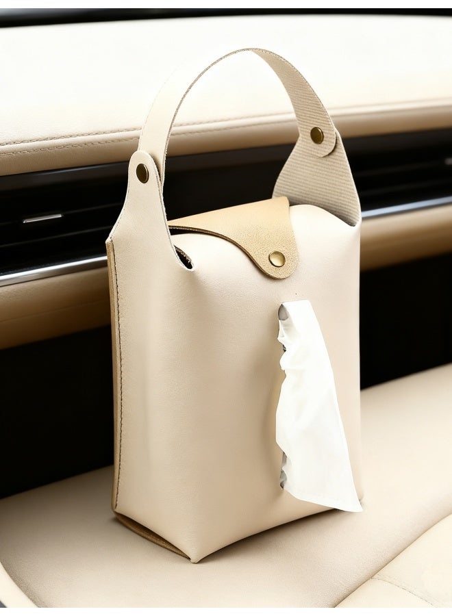 Car Tissue Holder, Large Car Headrest Hanging Tissue Box Cover, PU Leather Auto Napkin Holder, Universal Vehicle Backseat Paper Organizer for Cars Sun Visor (White) - Image 3