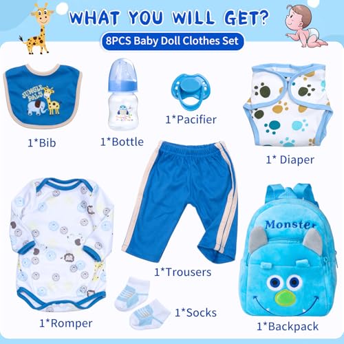 PEDOLLTREE 8 Pcs Reborn Baby Dolls Clothes Boy Accessories Outfit for 1822 Inch Newborn Baby Reborn Dolls Clothes with Blue Monster Backpack - Image 5