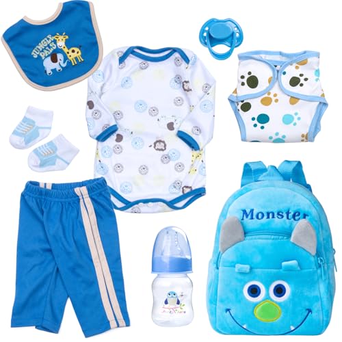 PEDOLLTREE 8 Pcs Reborn Baby Dolls Clothes Boy Accessories Outfit for 1822 Inch Newborn Baby Reborn Dolls Clothes with Blue Monster Backpack - Image 1
