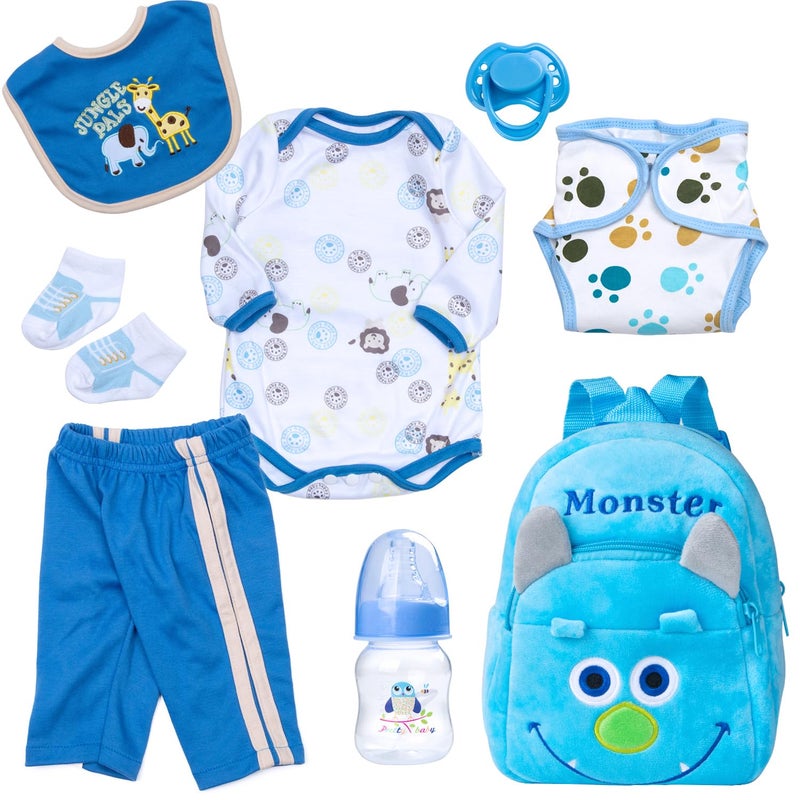 PEDOLLTREE 8 Pcs Reborn Baby Dolls Clothes Boy Accessories Outfit for 1822 Inch Newborn Baby Reborn Dolls Clothes with Blue Monster Backpack - Image 3