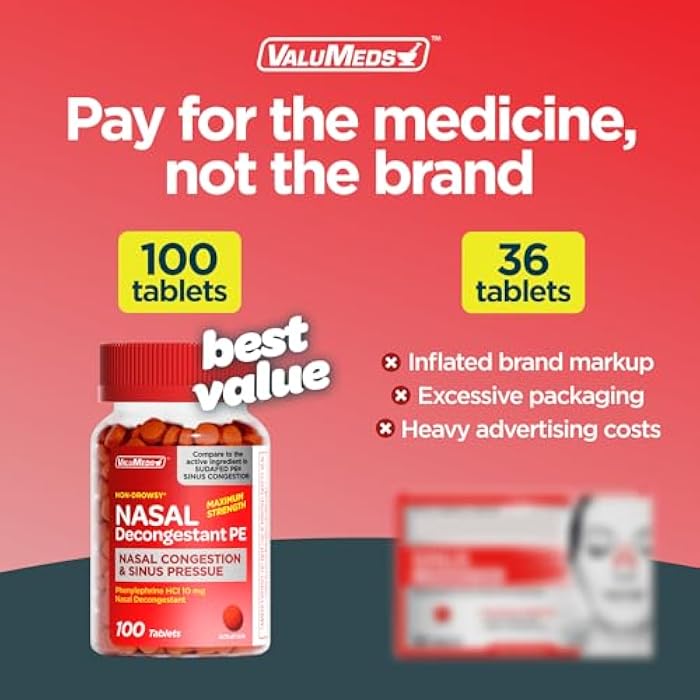 ValuMeds Nasal Decongestant PE Non-Drowsy for Adults | Maximum Strength Phenylephrine HCl 10mg to Relieve Sinus Pressure from Cold or Allergies | Comparable to Sudafed PE Congestion | 100 Tablets - Image 5