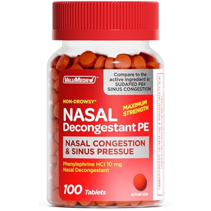 ValuMeds Nasal Decongestant PE Non-Drowsy for Adults | Maximum Strength Phenylephrine HCl 10mg to Relieve Sinus Pressure from Cold or Allergies | Comparable to Sudafed PE Congestion | 100 Tablets - Image 1