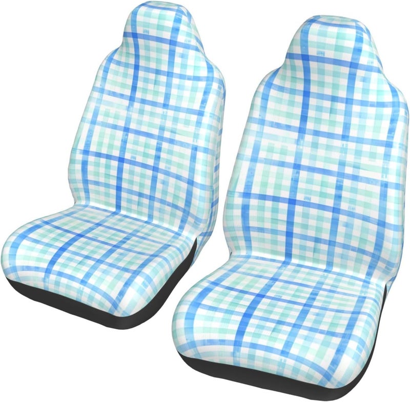 Plaid Beach Cottage at The Shore Watercolor Stripe Universal Car Seat Covers 2-Piece Set - Stretch-to-Fit Front Seat Protectors for Cars, Trucks & Suvs | Bucket-Style Fit, Breathable - Image 1