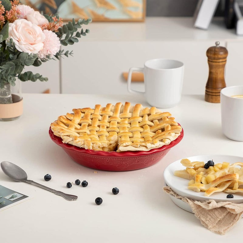 FE FUN ELEMENTS Fun Elements Pie Pan, 9 Inch Ceramic Pie Dish, Deep Dish Pie Pan with Lace Emboss, Ruffled Pie Plate for Baking, Thanksgiving Christmas Gifts, Set of 2, Red - Image 2
