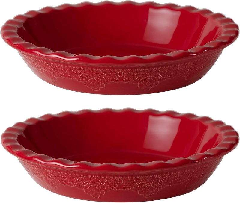 FE FUN ELEMENTS Fun Elements Pie Pan, 9 Inch Ceramic Pie Dish, Deep Dish Pie Pan with Lace Emboss, Ruffled Pie Plate for Baking, Thanksgiving Christmas Gifts, Set of 2, Red - Image 1