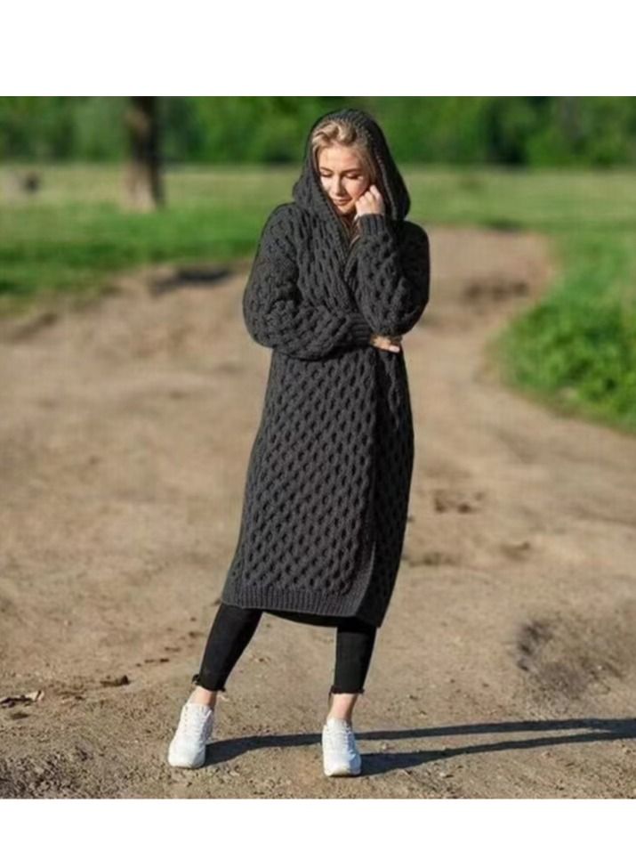 Loquat Autumn And Winter Warm New Solid Color Women's Long Knit Hooded Cardigan Coat