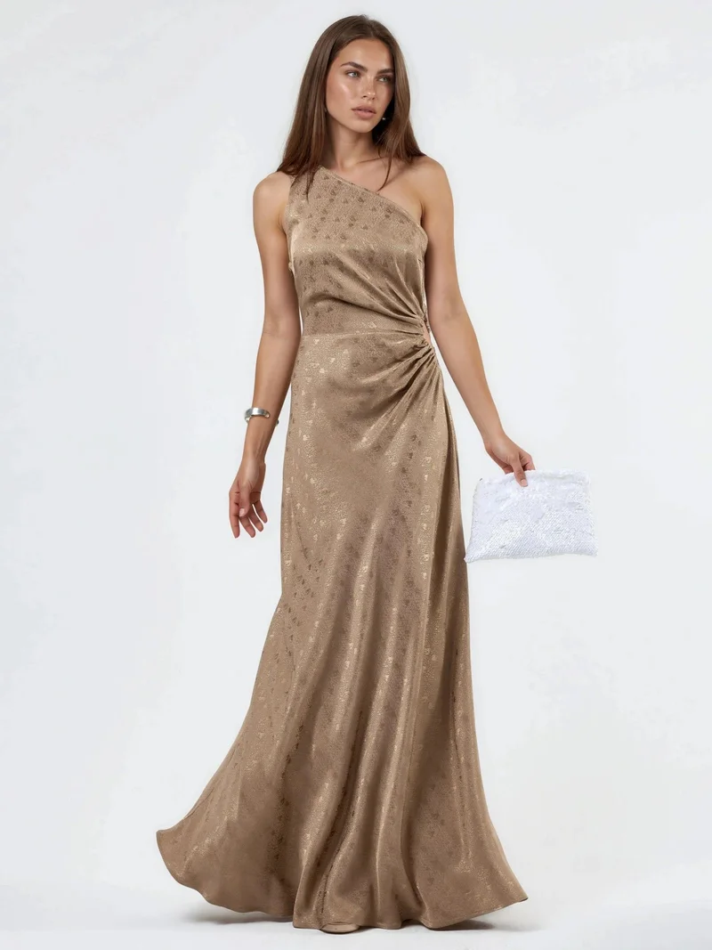 HICCUP Patterned One-Shoulder Satin Dress with Cut-Out Detail