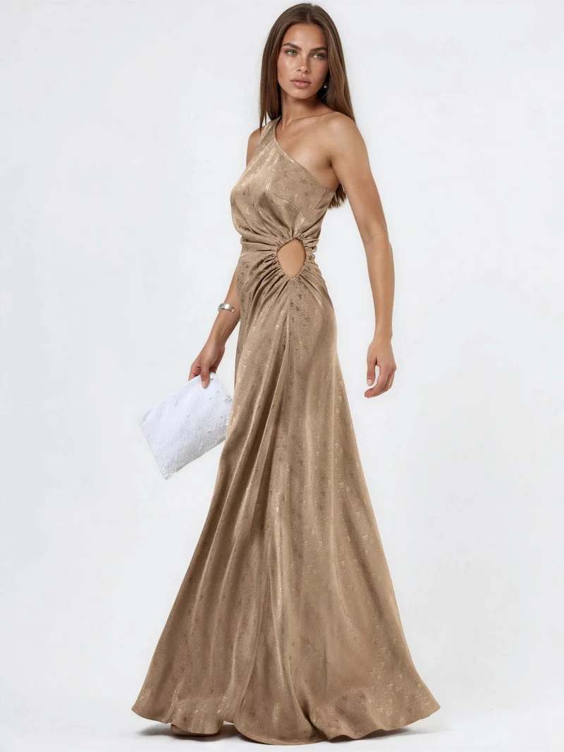 HICCUP Patterned One-Shoulder Satin Dress with Cut-Out Detail